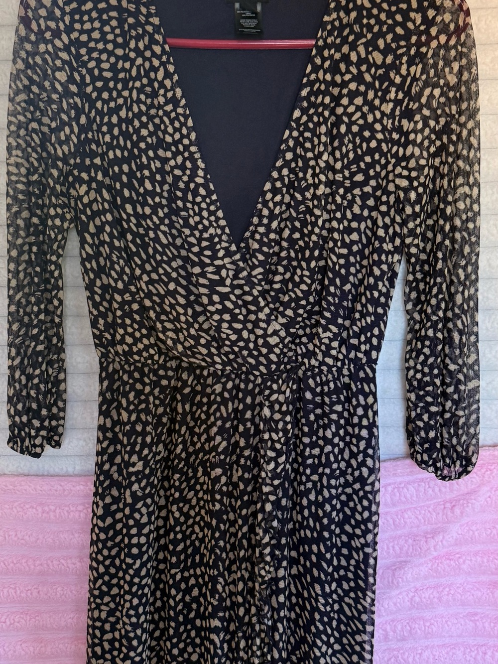 Navy Long-Sleeve Faux-Wrap Dress with Beige Spot Print